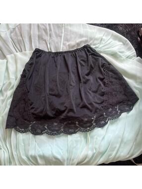 Vintage Whimsigoth Black Satin Half Slip Side Lace Inset and bows coquette XS